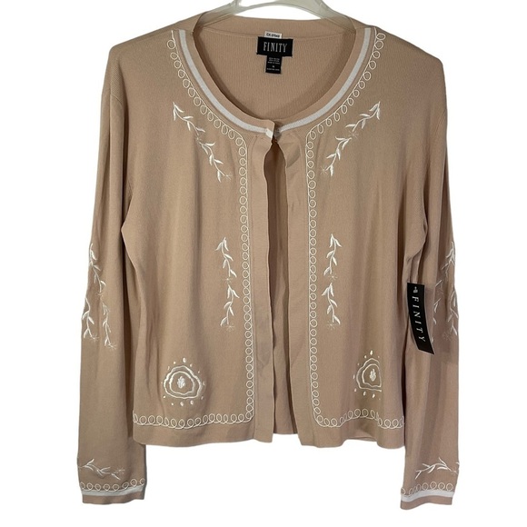 Finity Tan Embroidered Cardigan Sweater M Neutral Nude Lightweight - Picture 1 of 10